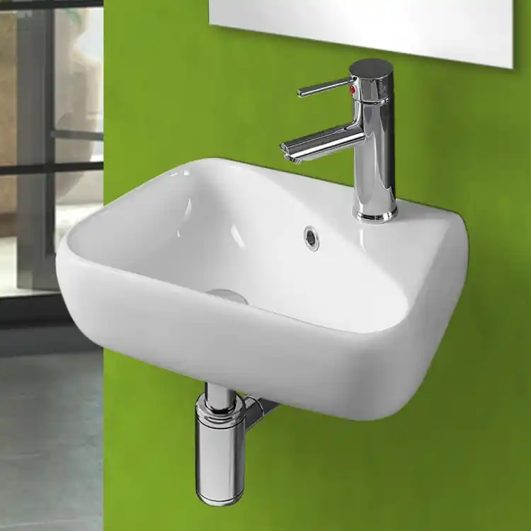 Bestel Nu Lavabo sospeso 45cm in ceramica bianca lucida con vasca a sinistra Feridras