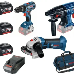 Bosch 0615990K13 Set elettroutensili 18V Smerigliatrice Tassellatore Trapano a batteria con 3 Batterie e borsa Op = Op