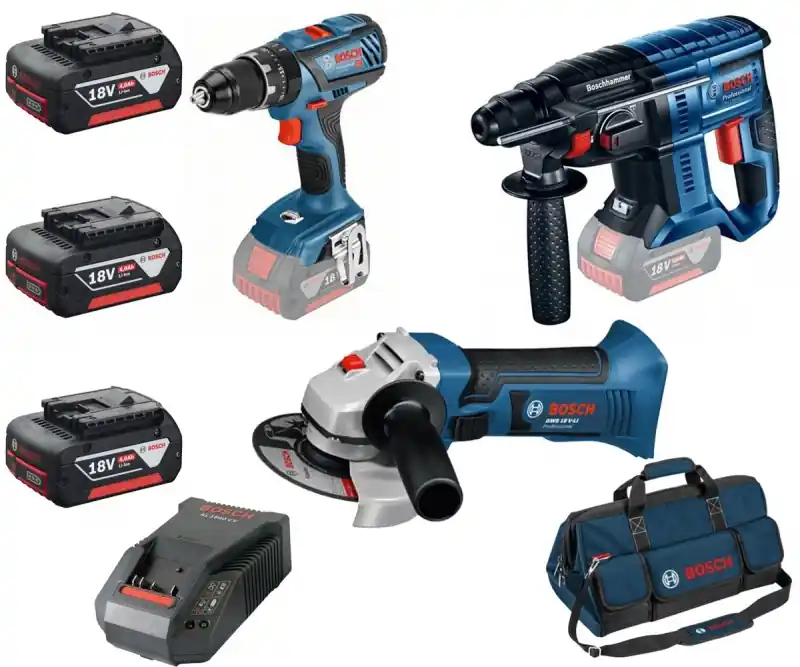 Bosch 0615990K13 Set elettroutensili 18V Smerigliatrice Tassellatore Trapano a batteria con 3 Batterie e borsa Op = Op