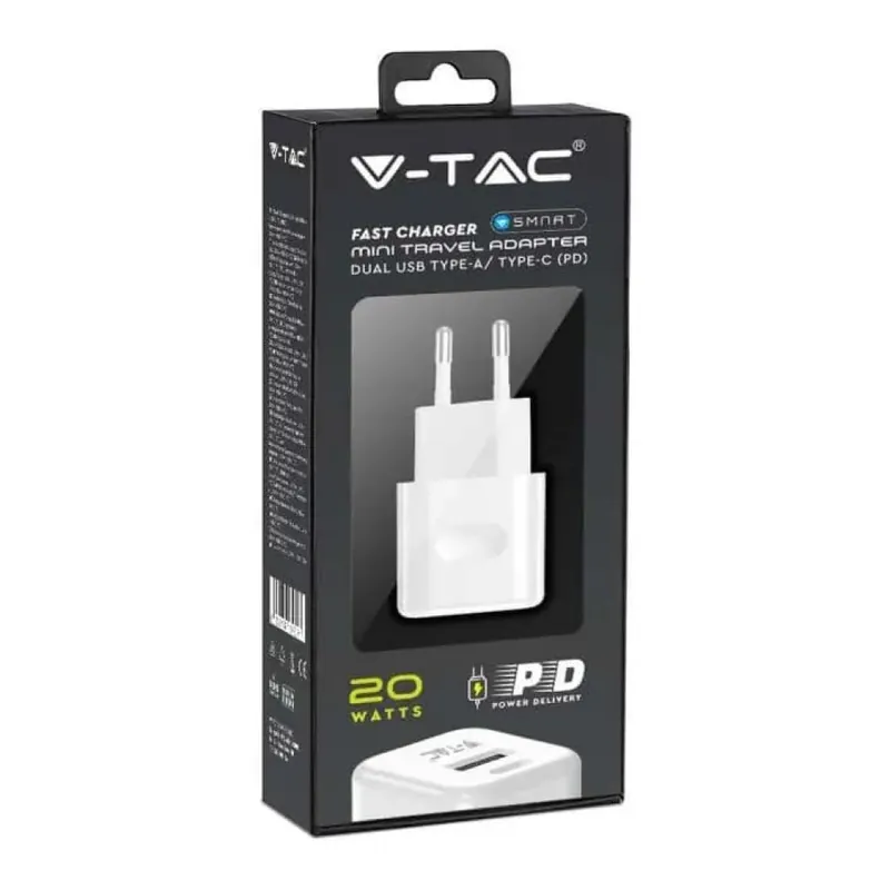 V-TAC Adattatore da Viaggio USB 20W 1 PD+1 QC Colore Bianco Betaalbaar