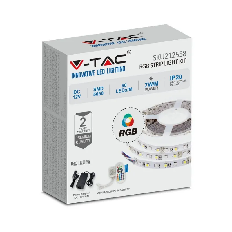 V-TAC Kit per Strip LED SMD5050 10W/m Bobina 5m 60 LED/m con Telecomando e Alimentatore RGB Dimmerabile IP20 Uitverkoop