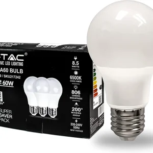 Direct Beschikbaar V-TAC Lampadina LED E27 8,5W A60 4000K (Box 3 pezzi)