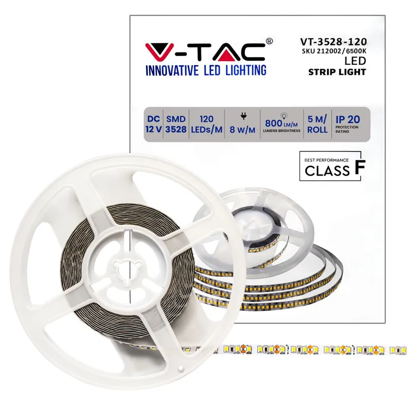 V-TAC Strip LED SMD3528 8W/m 5m 120 LED/m 12V 6500K IP20 8mm Direct Verzonden