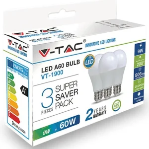 Voordeelprijs V-TAC VT-1900 CONF. 3 LAMP. LED E27 9W BULB A60 BIA.CAL.