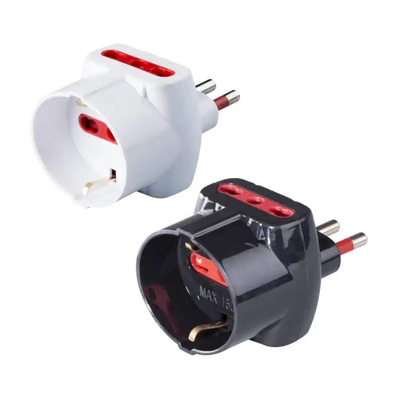 ADATTATORE TRIPLO SCHUKO/BIVALENTE 16A ROSI. Modello ADATTATORE TRIPLO SCHUKO/BIVALENTE 16A ROSI 2P+T - prese 10/16A 2P+T, Col. Nero Laatste Versie