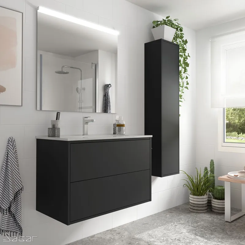 Koop Vandaag Set Bagno Completo NARCISO 80 cm con Specchio - Nero Opaco