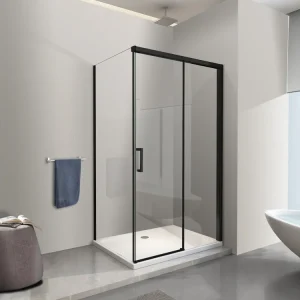 Speciale Aanbieding Box Doccia Con Parete Fissa Laterale e Porta Frontale Con Chiusura Soft Close Ammortizzata H200 8MM Telaio Nero Opaco Cm 80(78-80)x180(177-180). Misura 80x180 cm