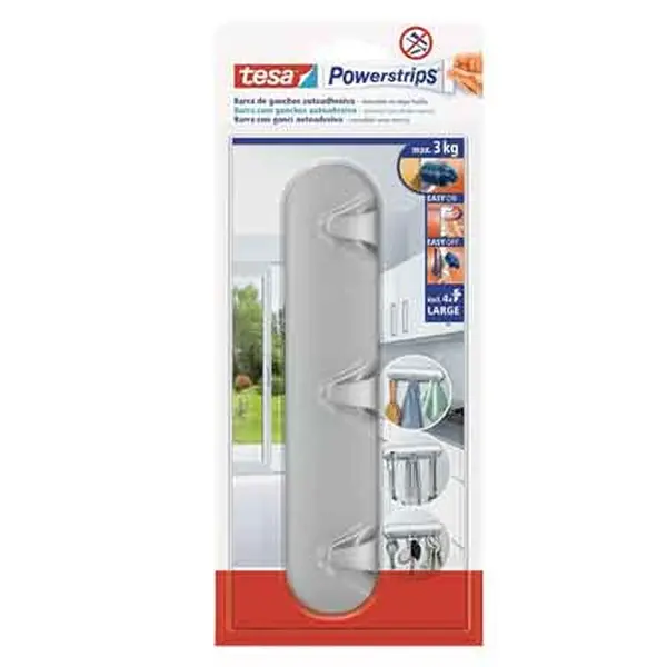 BARRA ADESIVA CON GANCI ‘POWERSTRIPS‘ TESA 2,8 x12 cm, 3 ganci - Portata 3 Kg Premium