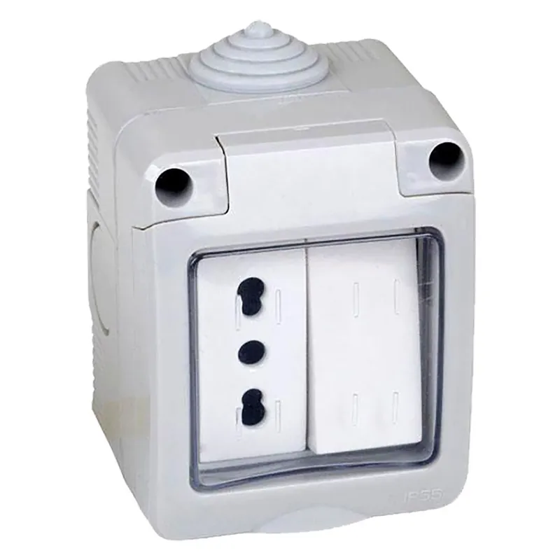 CONTENITORE ESTERNO INTERRUTTORE + PRESA 1 deviatore + presa bivalente 10/16A Gereduceerde Prijs